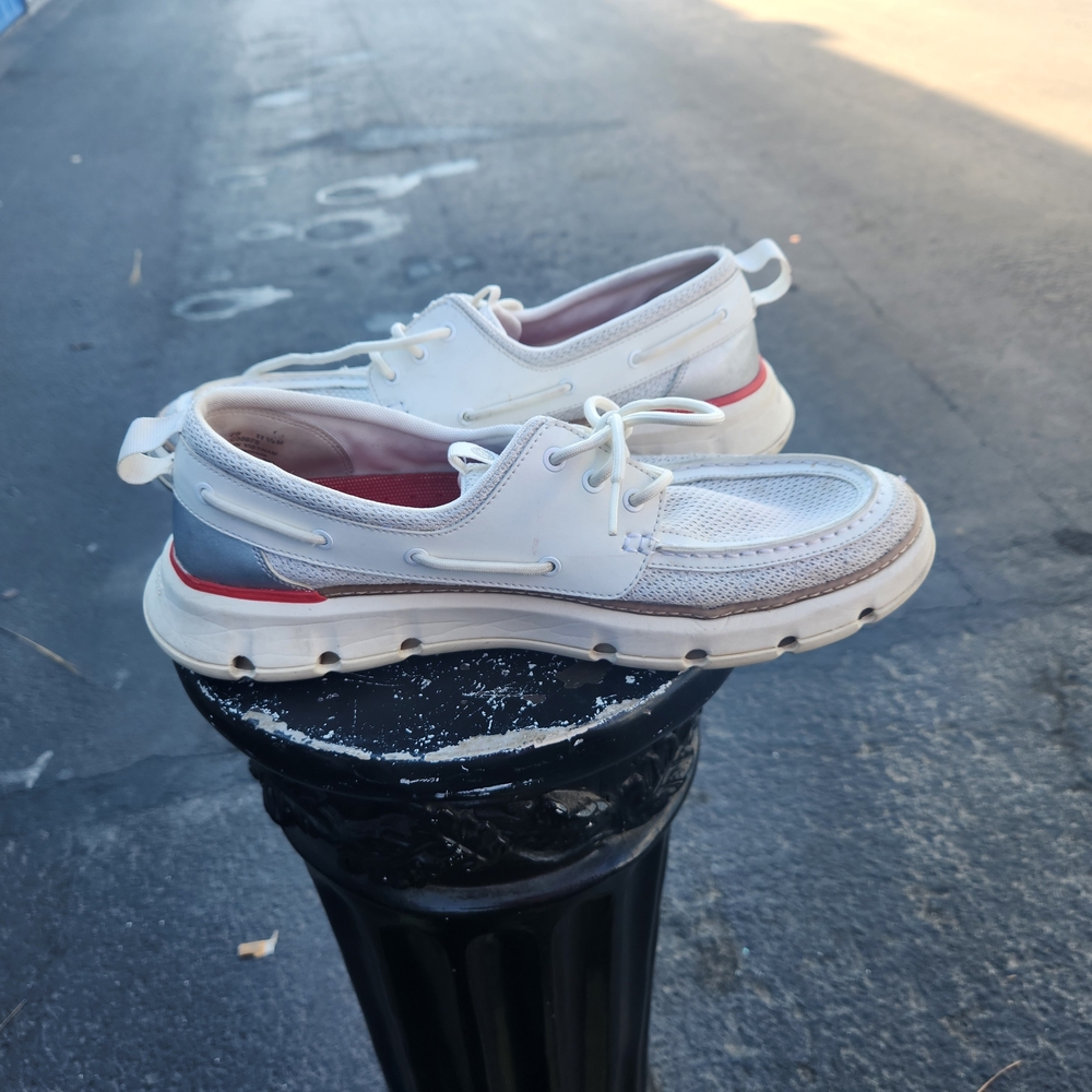 Cole Haan Size 11.5 White and Gray Boat Shoes with Red Accents.